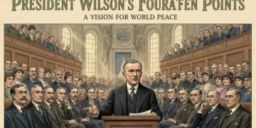 President Woodrow Wilson presenting his Fourteen Points to Congress, advocating for global peace.