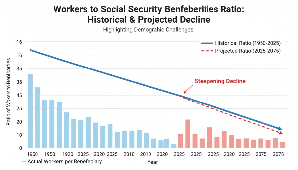Chart illustrating worker to Social Security beneficiary ratio trends