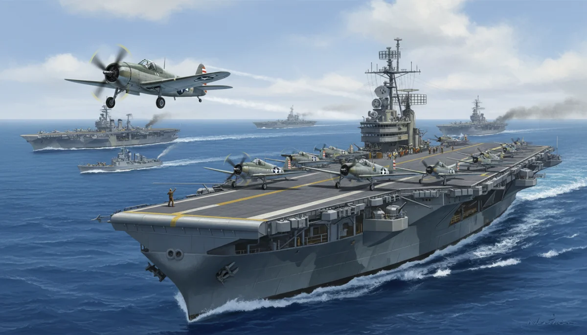 US Navy aircraft carrier launching planes, World War II