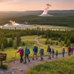 National Parks 2026: Preserving American Heritage for a Century Yellowstone National Park sunrise with geyser and hikers