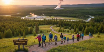 Yellowstone National Park sunrise with geyser and hikers