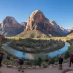 Zion National Park vista with hikers and river