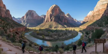 Zion National Park vista with hikers and river